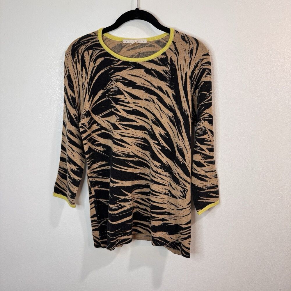 Belford Sweater Pullover L 100% Cashmere Soft Knit Tiger Stripe Black Brown Neon